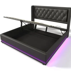 Lit rembourré hydraulique 160x200cm lit de rangement lit double avec fonction de charge usb type-c tête de lit pu noir