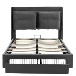 Lit rembourré hydraulique 160x200cm, tiroirs de rangement, avec sommier à lattes, sans matelas, velours, gris foncé