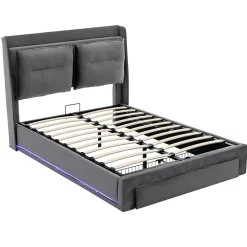 Lit rembourré hydraulique 160x200cm, tiroirs de rangement, avec sommier à lattes, sans matelas, velours, gris foncé