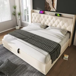 Lit rembourré hydraulique 140x200cm, lit de rangement, tête de lit avec fonction de chargement usb typ-c, pu, blanc, sans matelas