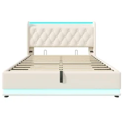 Lit rembourré hydraulique 140x200cm, lit de rangement, tête de lit avec fonction de chargement usb typ-c, pu, blanc, sans matelas