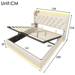 Lit rembourré hydraulique 140x200cm, lit de rangement, tête de lit avec fonction de chargement usb typ-c, pu, blanc, sans matelas