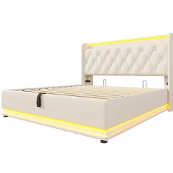 Lit rembourré hydraulique 140x200cm, lit de rangement, tête de lit avec fonction de chargement usb typ-c, pu, blanc, sans matelas