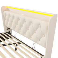 Lit rembourré hydraulique 140x200cm, lit de rangement, tête de lit avec fonction de chargement usb typ-c, pu, blanc, sans matelas