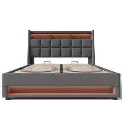 Lit rembourré hydraulique 140x200 cm lit de rangement lit usb lit en métal lit cadre à lattes en bois lit led double lin gris