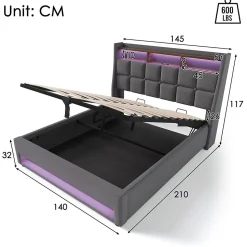 Lit rembourré hydraulique 140x200 cm lit de rangement lit usb lit en métal lit cadre à lattes en bois lit led double lin gris