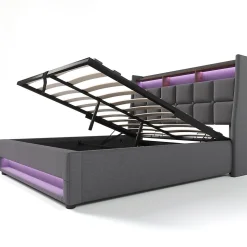 Lit rembourré hydraulique 140x200 cm lit de rangement lit usb lit en métal lit cadre à lattes en bois lit led double lin gris