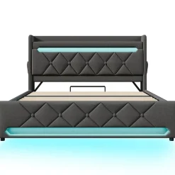 Lit rembourré hydraulique 160x200cm, lit double, tête de lit de rangement avec port usb et type c, lin, gris, avec matelas