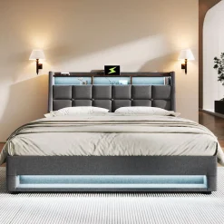 lit rembourré hydraulique 160x200 cm, lit de rangement LED avec port USB, sommier à lattes et cadre métallique, lin, gris