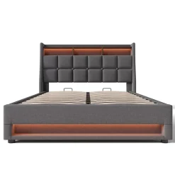 lit rembourré hydraulique 160x200 cm, lit de rangement LED avec port USB, sommier à lattes et cadre métallique, lin, gris