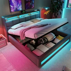 lit rembourré hydraulique 160x200 cm, lit de rangement LED avec port USB, sommier à lattes et cadre métallique, lin, gris