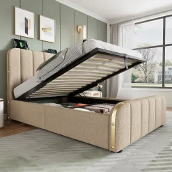 Lit rembourré hydraulique 90x200cm, lit avec rangement, tête de lit avec fonction de recharge USB Type-C, lin, beige, sans matelas