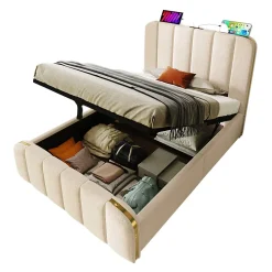Lit rembourré hydraulique 90x200cm, lit avec rangement, tête de lit avec fonction de recharge USB Type-C, lin, beige, sans matelas