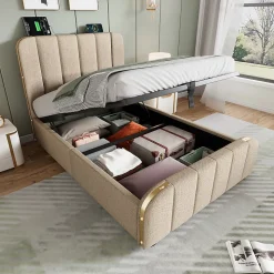 Lit rembourré hydraulique 90x200cm, lit avec rangement, tête de lit avec fonction de recharge USB Type-C, lin, beige, sans matelas