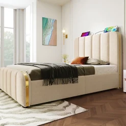 Lit rembourré hydraulique 90x200cm, lit avec rangement, tête de lit avec fonction de recharge USB Type-C, lin, beige, sans matelas