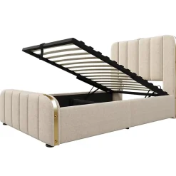 Lit rembourré hydraulique 90x200cm, lit avec rangement, tête de lit avec fonction de recharge USB Type-C, lin, beige, sans matelas