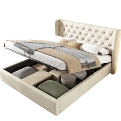 Lit rembourré hydraulique 160x200cm, forme d'oreille, lit de rangement lit double avec sommier à lattes, tissu velours, beige