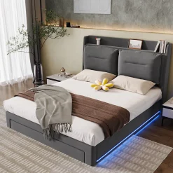 Lit rembourré hydraulique 180x200cm, tiroirs de rangement, avec sommier à lattes, sans matelas, velours, gris foncé