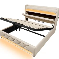 Lit rembourré hydraulique 160x200cm, lit double, tête de lit de rangement avec port usb et type c, lin,beige,avec matelas