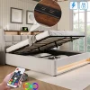 Lit rembourré hydraulique 160x200 cm lit de rangement lit usb lit en métal lit cadre à lattes en bois lit led double lin beige