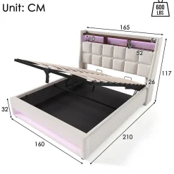 Lit rembourré hydraulique 160x200 cm lit de rangement lit usb lit en métal lit cadre à lattes en bois lit led double lin beige