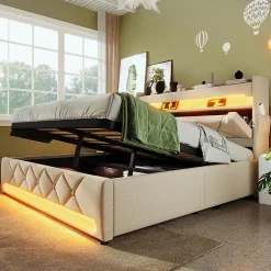 Lit rembourré hydraulique 140x200cm, lit double, espace de rangement en tête de lit avec port usb et type c, lin, beige