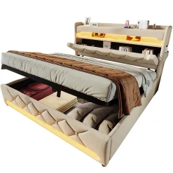 Lit rembourré hydraulique 140x200cm, lit double, espace de rangement en tête de lit avec port usb et type c, lin, beige