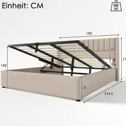 Lit rembourré hydraulique lit coffre lit 180x200 cm lit de rangement lit en métal lit cadre à lattes en bois lit double lin beige