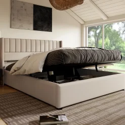 Lit rembourré hydraulique lit coffre lit 180x200 cm lit de rangement lit en métal lit cadre à lattes en bois lit double lin beige