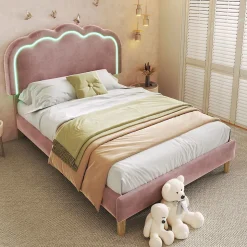 Lit rembourré LED 90 x 200 cm, tête de lit réglable, rose, Blackcolors