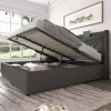 Lit rembourré lit coffre lit 180x200 cm lit de rangement lit tête de lit à fonction de charge usb type c lit double coton lin gris