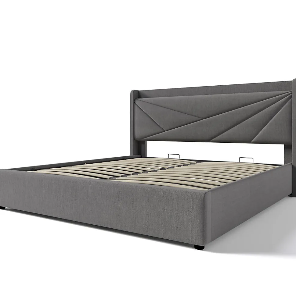 Lit rembourré lit coffre lit 180x200 cm lit de rangement lit tête de lit à fonction de charge usb type c lit double coton lin gris
