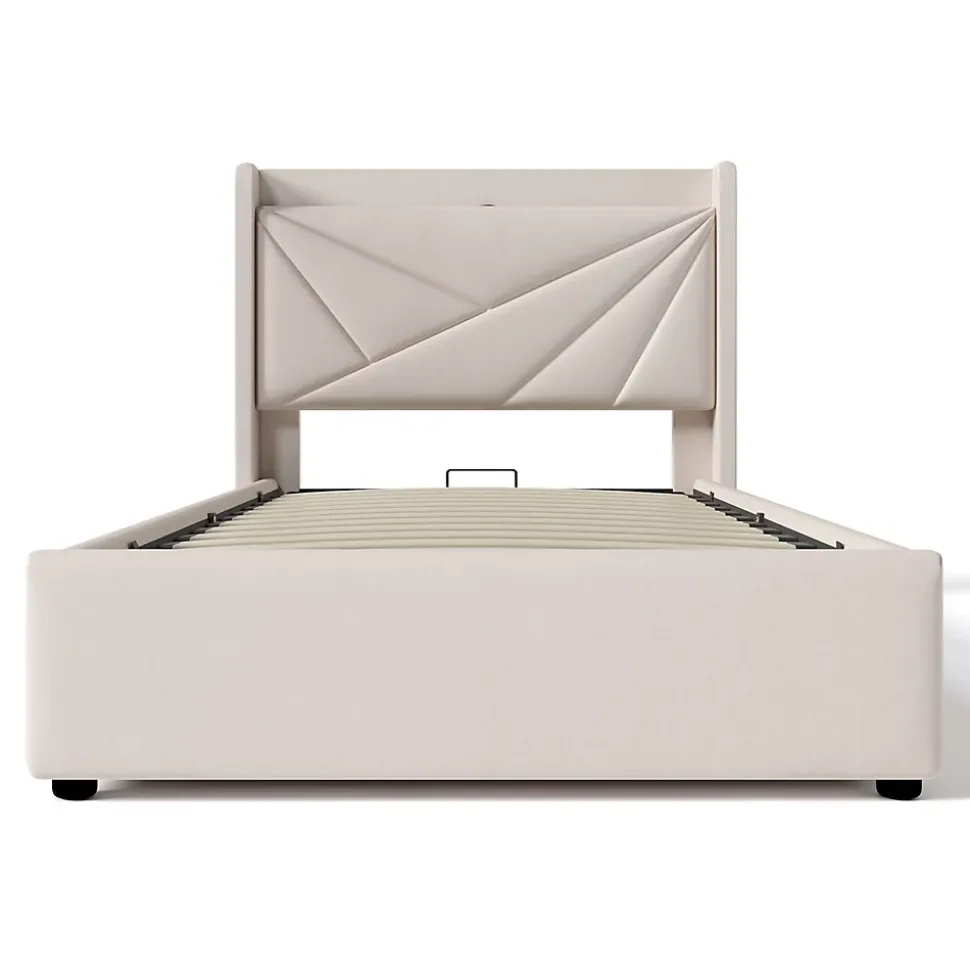 Lit rembourré lit coffre lit 90x200 cm lit de rangement lit tête de lit à fonction de charge usb type c Single coton lin beige