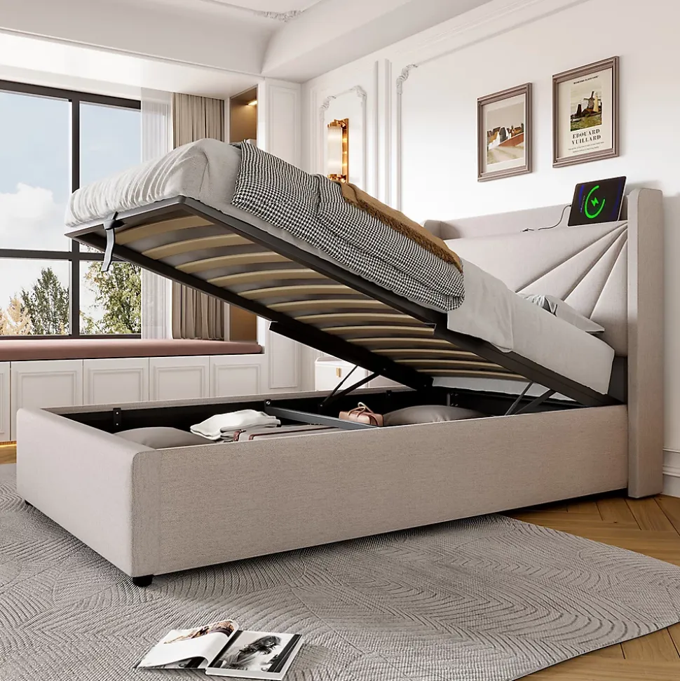 Lit rembourré lit coffre lit 90x200 cm lit de rangement lit tête de lit à fonction de charge usb type c Single coton lin beige