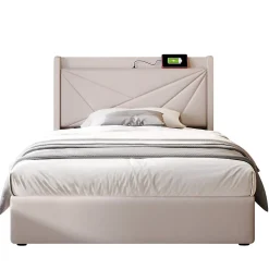 Lit rembourré lit coffre lit 90x200 cm lit de rangement lit tête de lit à fonction de charge usb type c Single coton lin beige