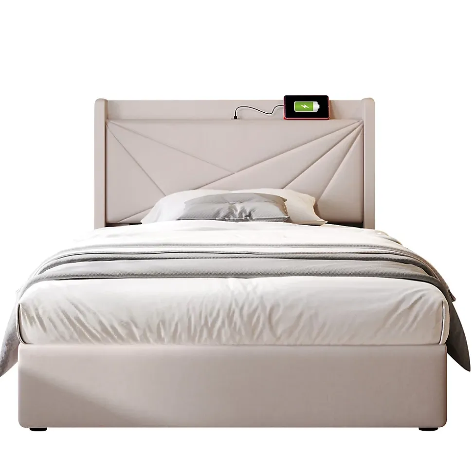 Lit rembourré lit coffre lit 90x200 cm lit de rangement lit tête de lit à fonction de charge usb type c Single coton lin beige