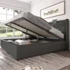 Lit rembourré lit coffre lit 160x200 cm lit de rangement lit tête de lit à fonction de charge usb type c lit double coton lin gris