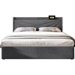 Lit rembourré lit coffre lit 160x200 cm lit de rangement lit tête de lit à fonction de charge usb type c lit double coton lin gris