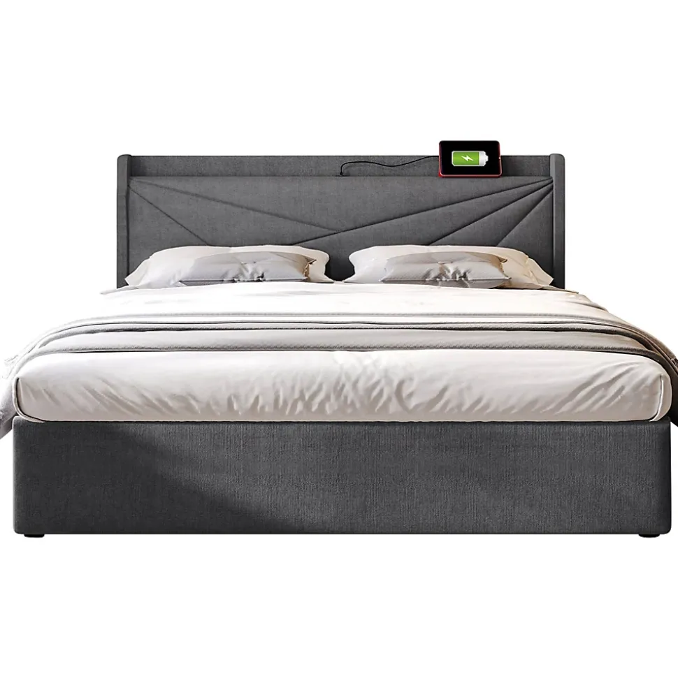 Lit rembourré lit coffre lit 160x200 cm lit de rangement lit tête de lit à fonction de charge usb type c lit double coton lin gris