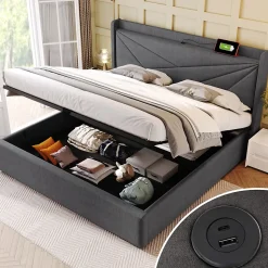 Lit rembourré lit coffre lit 160x200 cm lit de rangement lit tête de lit à fonction de charge usb type c lit double coton lin gris