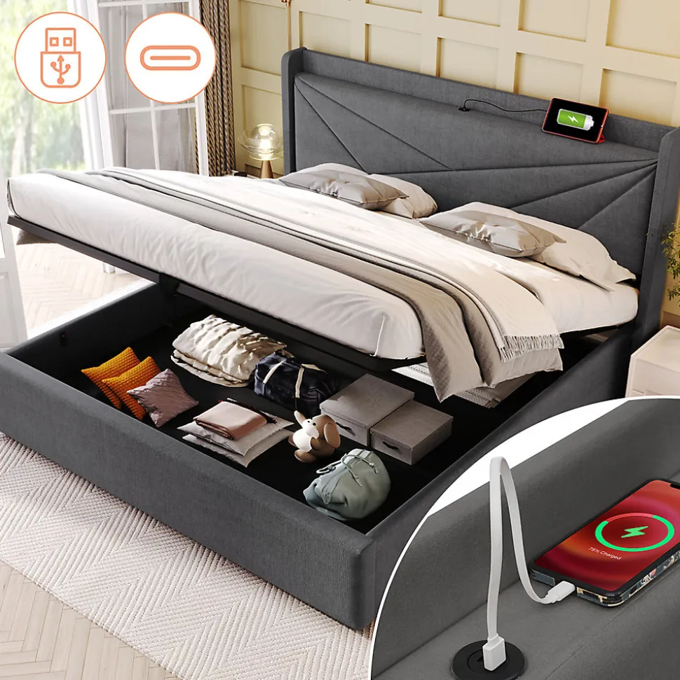 Lit rembourré lit coffre 140x200 cm lit de rangement lit tête de lit à fonction de charge usb type c lit double coton lin gris