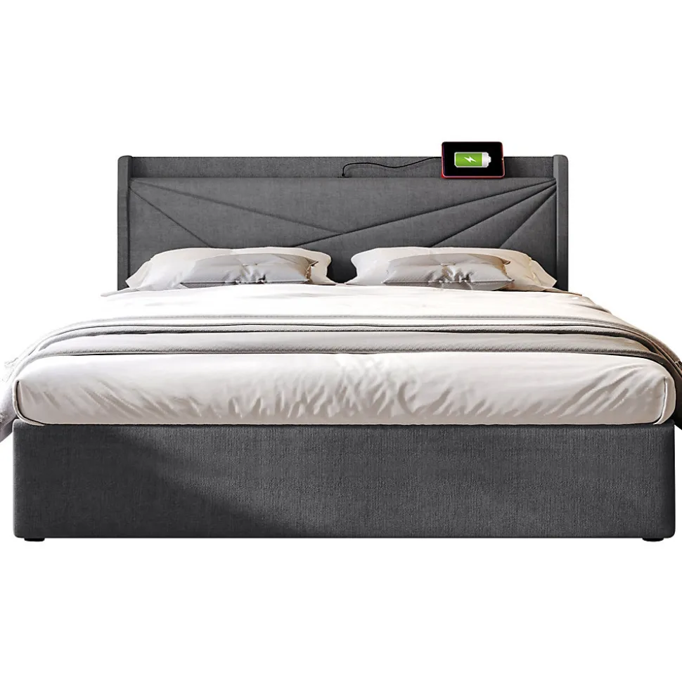 Lit rembourré lit coffre 140x200 cm lit de rangement lit tête de lit à fonction de charge usb type c lit double coton lin gris
