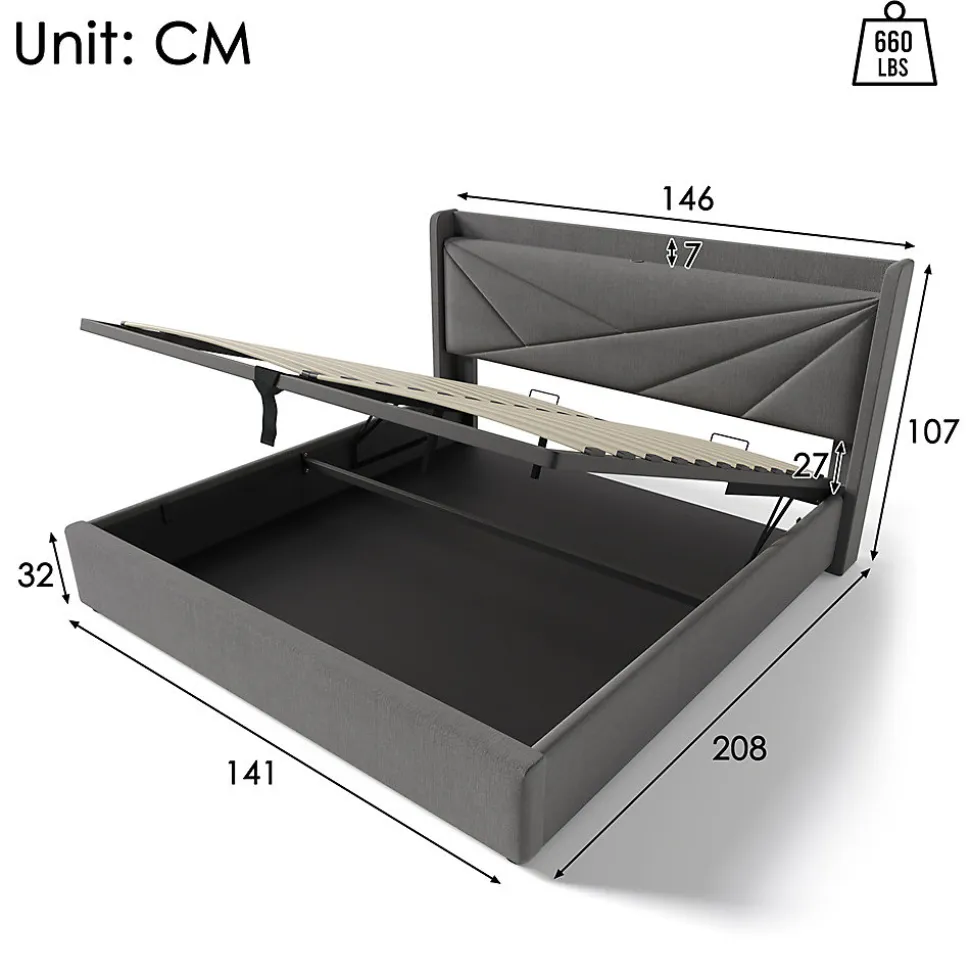 Lit rembourré lit coffre 140x200 cm lit de rangement lit tête de lit à fonction de charge usb type c lit double coton lin gris