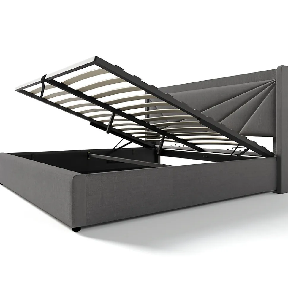 Lit rembourré lit coffre 140x200 cm lit de rangement lit tête de lit à fonction de charge usb type c lit double coton lin gris