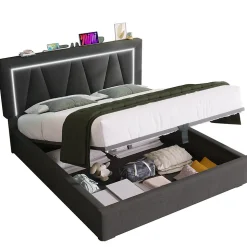 Lit rembourré lit coffre 140x200 cm lit de rangement lit eclairage led avec fonction de chargement usb type c lit double lin gris
