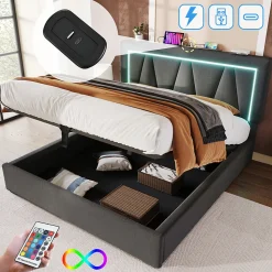 Lit rembourré lit coffre 140x200 cm lit de rangement lit eclairage led avec fonction de chargement usb type c lit double lin gris