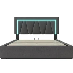 Lit rembourré lit coffre 140x200 cm lit de rangement lit eclairage led avec fonction de chargement usb type c lit double lin gris