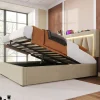 Lit rembourré lit coffre 160x200 cm lit de rangement lit eclairage led avec fonction de chargement usb type c lit double lin beige