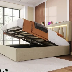 Lit rembourré lit coffre 160x200 cm lit de rangement lit eclairage led avec fonction de chargement usb type c lit double lin beige