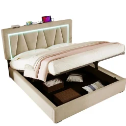 Lit rembourré lit coffre 160x200 cm lit de rangement lit eclairage led avec fonction de chargement usb type c lit double lin beige